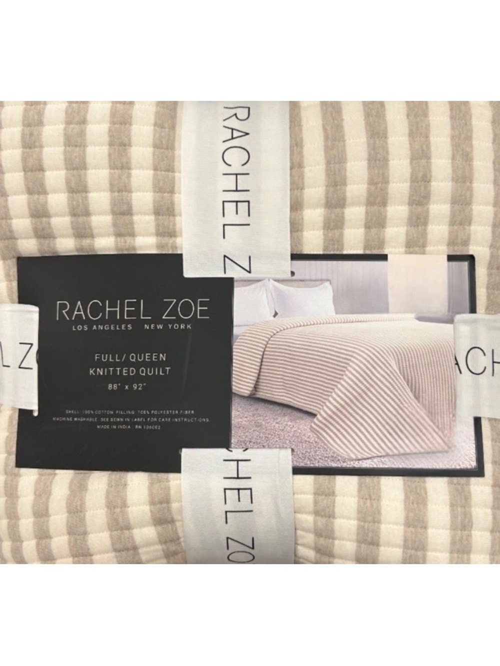 Rachel Zoe Tan and Cream Striped Cotton Knitted Full/Queen Quilt 88”x92”